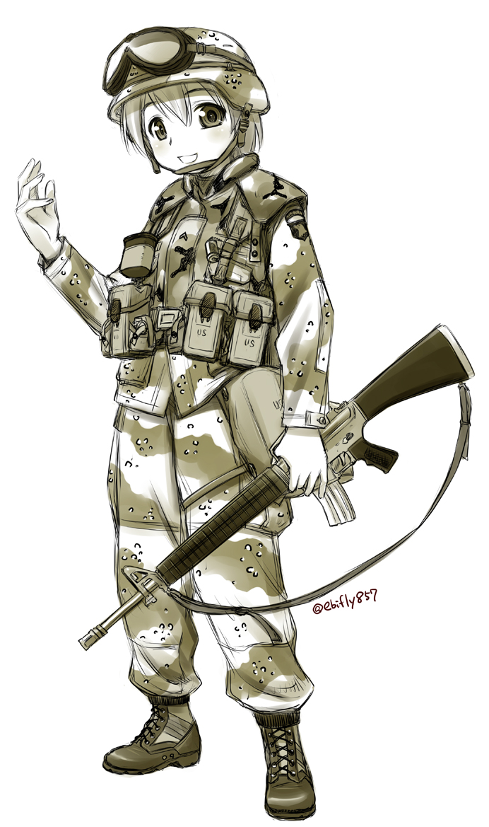 1girl :d alice_gear assault_rifle blush boots bulletproof_vest camouflage choco-chip_(camouflage) combat_boots ebifly full_body goggles goggles_on_headwear gulf_war gun hair_between_eyes helmet holding holding_gun holding_weapon load_bearing_equipment looking_at_viewer m16a2 military military_uniform monochrome open_mouth original pants pasgt_helmet pouch rifle shirt simple_background sling smile solo standing twitter_username uniform us_army vest weapon white_background