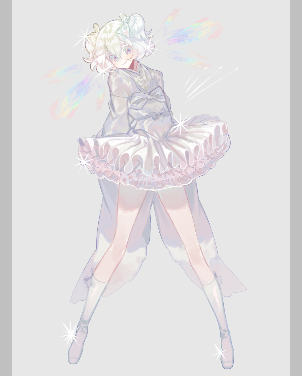 alternate_costume alternate_hairstyle androgynous bad_id bad_pixiv_id blush boots closed_mouth diamond_(houseki_no_kuni) frilled_skirt frills full_body glint grey_background grey_eyes grey_footwear hair_between_eyes highres houseki_no_kuni japanese_clothes kimono legs_apart long_sleeves looking_at_viewer lunch_(lunchicken) pillarboxed shiny shiny_hair simple_background skirt smile solo wide_sleeves