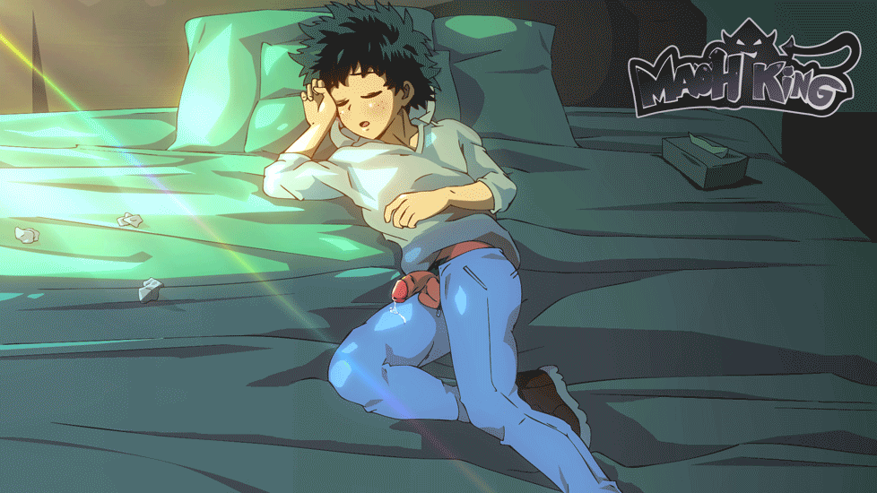 1boy animated animated_gif bed bed_sheet boku_no_hero_academia boots clothed eyes_closed green_hair jeans male_focus maoh_king midoriya_izuku penis pillow precum pubic_hair sleeping spiked_hair sweater testicles tissue tissue_box