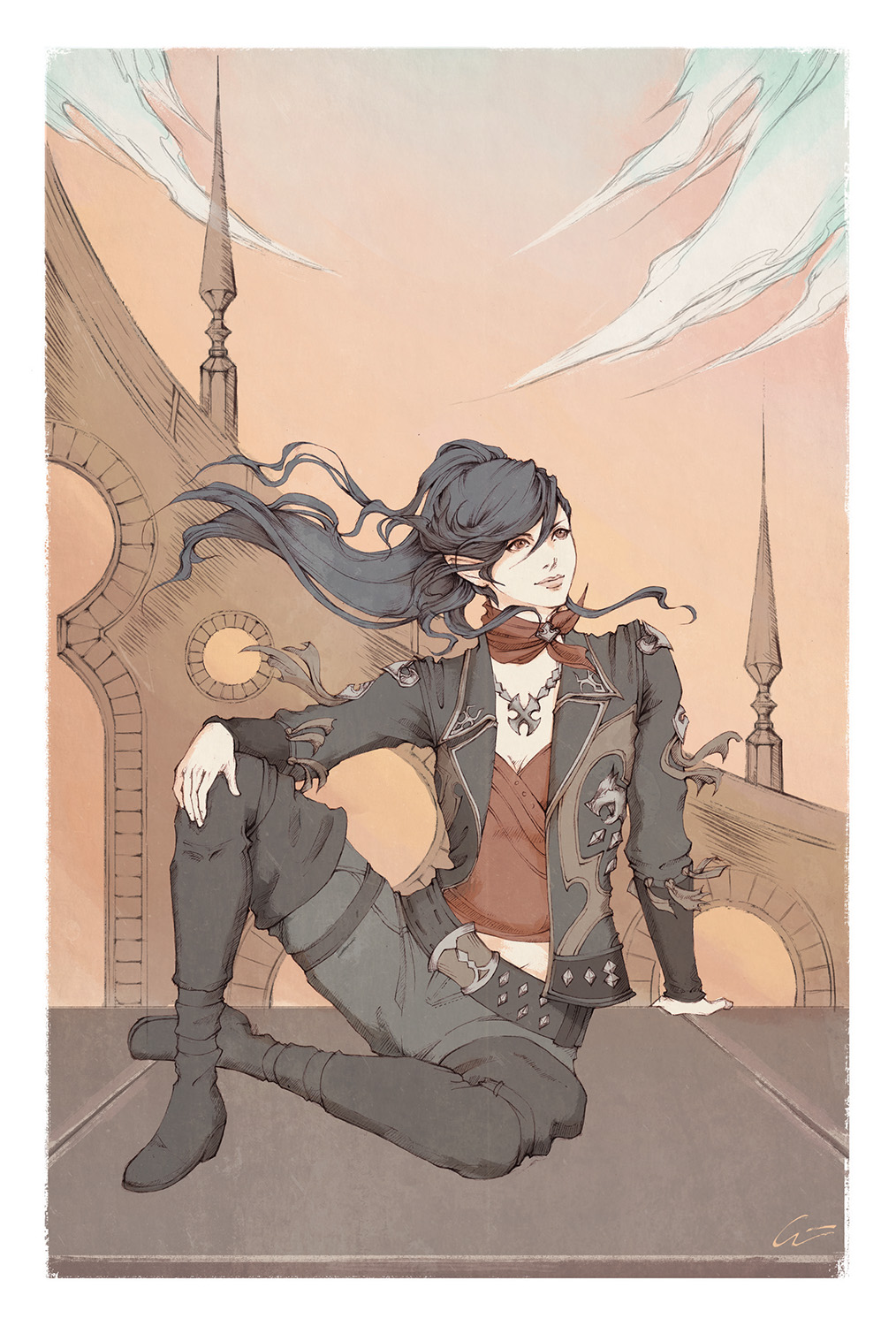 black_hair boots breasts cleavage elezen elf final_fantasy final_fantasy_xiv hand_on_own_knee highres hilda_(ffxiv) hybrid jacket jewelry leaning lips long_hair neckerchief necklace onyrica open_clothes open_jacket pointy_ears red_eyes sitting sky smile solo spread_legs thigh_boots thighhighs wind