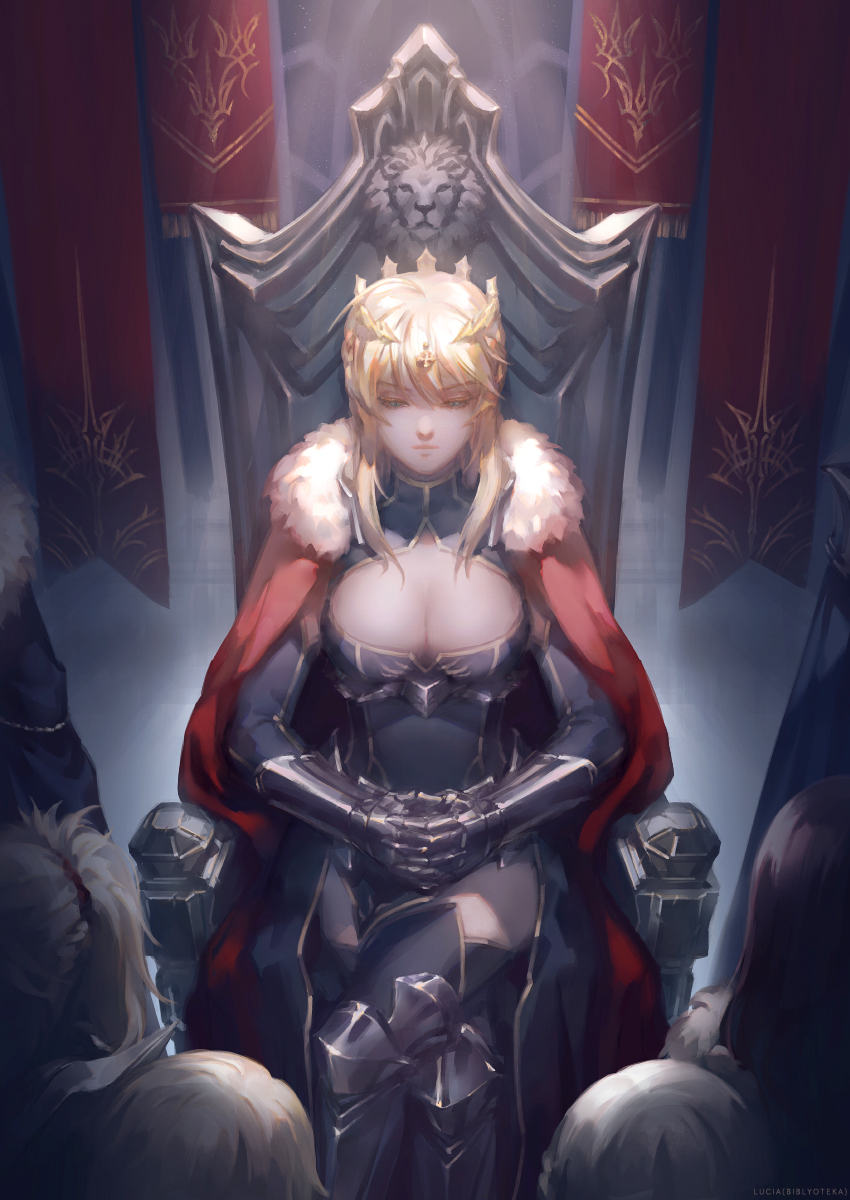 armor artoria_pendragon_(all) artoria_pendragon_(lancer) bedivere blonde_hair blue_eyes blue_leotard breasts cape cleavage cleavage_cutout closed_mouth crossed_legs crown detached_collar fate/grand_order fate_(series) fur_trim gauntlets gawain_(fate/grand_order) hair_between_eyes half-closed_eyes hands_together highres indoors knights_of_the_round_table_(fate) lancelot_(fate/grand_order) large_breasts legs leotard looking_at_viewer lucia_(biblyoteka) mordred_(fate) mordred_(fate)_(all) ponytail red_cape serious sidelocks sitting solo_focus sunlight thighs throne tristan_(fate/grand_order)