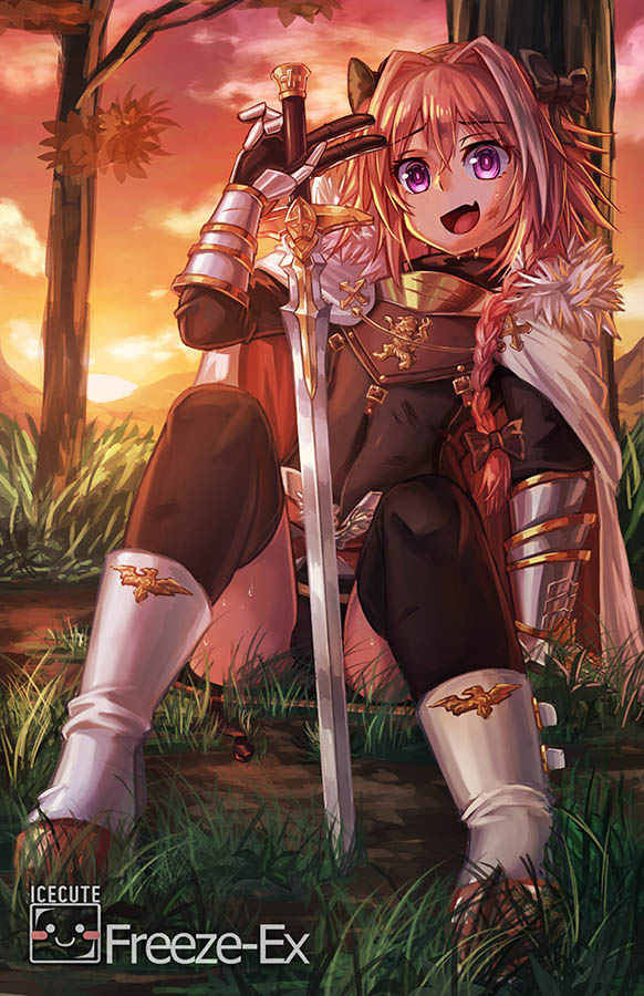 against_tree arm_at_side armor artist_name astolfo_(fate) bangs black_bow black_legwear black_panties boots bow braid bulge commentary dirty_face eyebrows_visible_through_hair fang fate/apocrypha fate/grand_order fate_(series) freeze-ex full_body fur_trim gauntlets grass hair_between_eyes hair_bow hair_intakes hair_over_shoulder knees_up long_braid long_hair looking_at_viewer male_focus on_ground open_mouth otoko_no_ko outdoors panties pantyshot pantyshot_(sitting) pink_hair planted_sword planted_weapon purple_eyes single_braid sitting smile solo sunset sweat sword thighhighs tree underwear upskirt v_over_eye weapon white_footwear