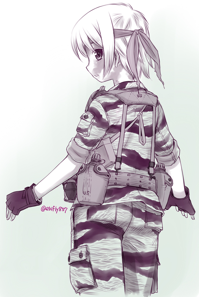 :o alice_gear bangs blue blue_background bottle camouflage camouflage_paint canteen cowboy_shot ebifly explosive facepaint fingerless_gloves gloves gradient gradient_background grenade headband load_bearing_equipment looking_at_viewer looking_back military monochrome original panties pants pouch shirt short_hair short_sleeves soldier solo standing tigerstripe_(camo) twitter_username underwear vest