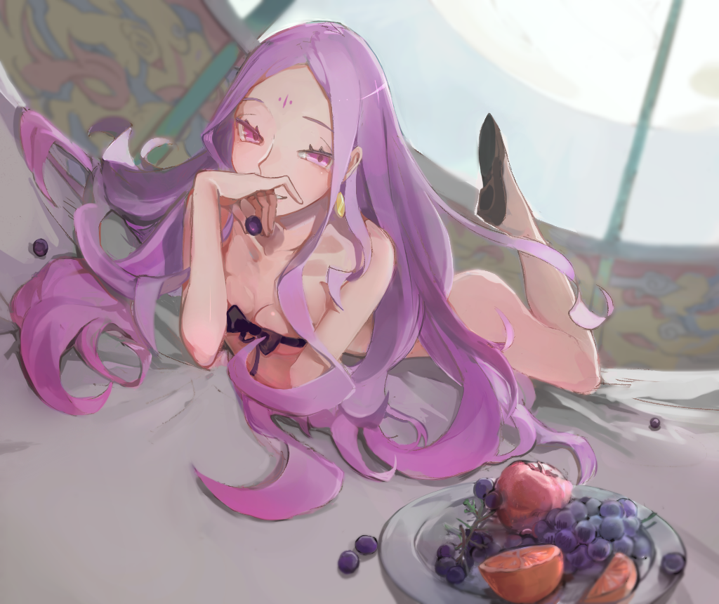 1girl apple artist_request ass bangs bare_legs bare_shoulders breasts cleavage earrings fate/grand_order fate_(series) food forehead_mark fruit grapes jewelry long_hair looking_at_viewer lying on_stomach orange parted_lips partially_nude pink_eyes purple_hair ribbon ribbon_bra shoes small_breasts smile solo very_long_hair wu_zetian_(fate/grand_order)