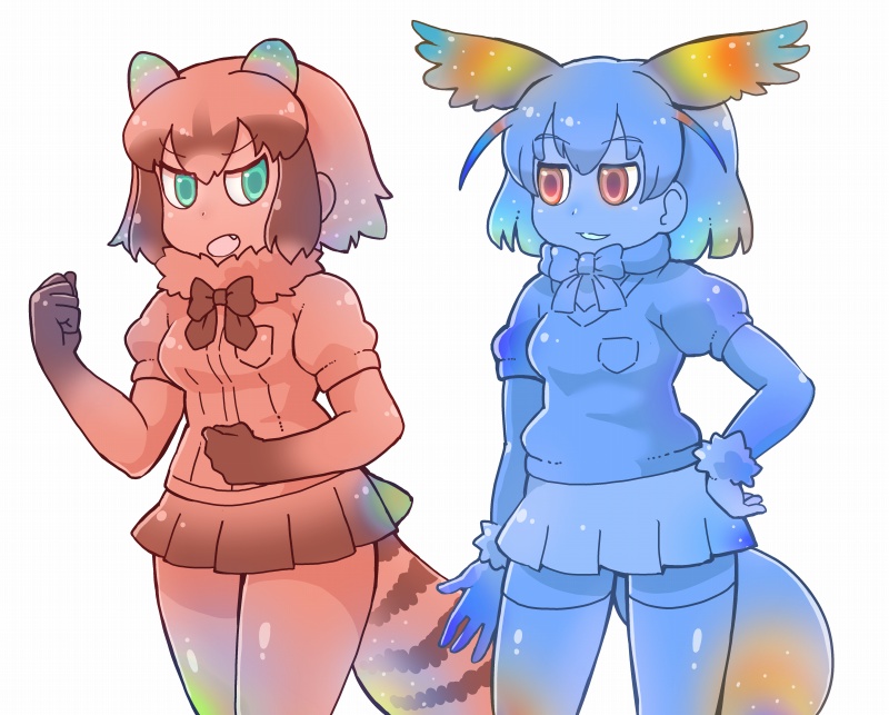 animal_ears bangs blue blue_gloves blue_hair blue_legwear blue_shirt blue_skin blue_skirt bow bowtie common_raccoon_(kemono_friends) elbow_gloves eyebrows_visible_through_hair fang fennec_(kemono_friends) fox_tail fur_collar fur_trim fusion gloves green_eyes head_wings kemono_friends multiple_girls pantyhose pleated_skirt puffy_short_sleeves puffy_sleeves raccoon_ears raccoon_tail red red_eyes red_gloves red_shirt red_skirt shirt short_hair short_sleeves simple_background skirt smile standing tail tanaka_kusao thighhighs v-shaped_eyebrows white_background