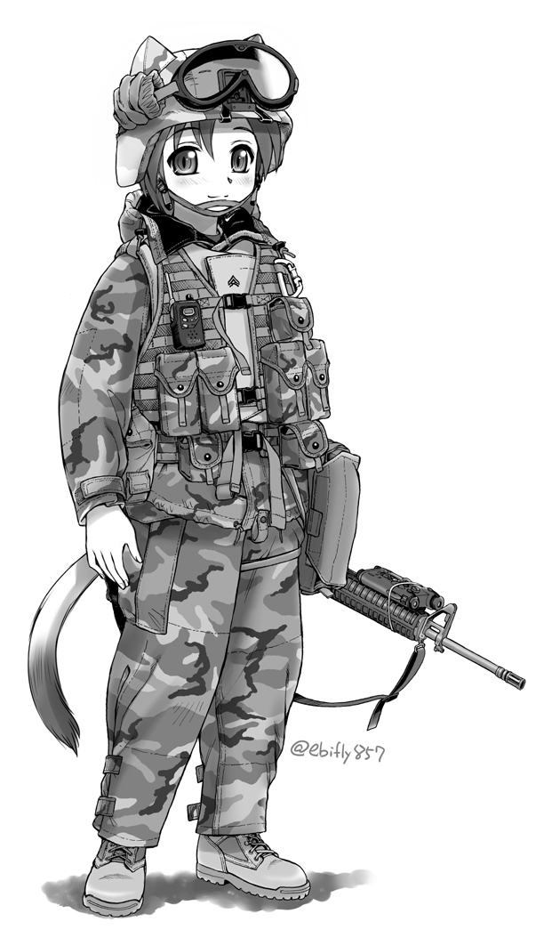 animal_ears animal_ears_helmet assault_rifle boots bulletproof_vest camouflage camouflage_pants carabiner cat_ears cat_tail chin_strap combat_boots ebifly flak_jacket full_body goggles goggles_on_headwear greyscale gun helmet holding holding_gun holding_weapon jacket laser_sight load_bearing_equipment load_bearing_vest long_sleeves looking_at_viewer m16a2 m81_woodland_(camo) military military_uniform monochrome original pants pasgt_helmet pouch radio rifle short_hair smile soldier solo standing tail twitter_username uniform us_army vest weapon