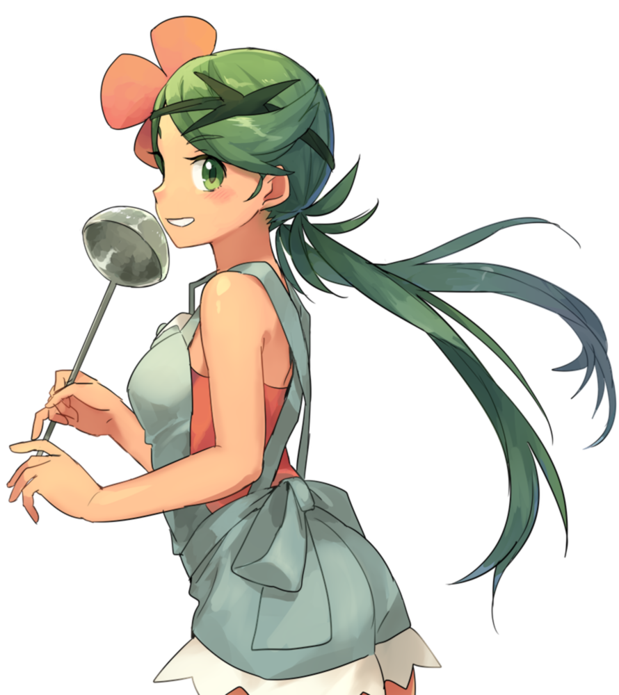 1girl apron bangs bare_shoulders blush cowboy_shot flower from_side green_eyes green_hair guwatefu hair_flower hair_ornament holding ladle long_hair looking_at_viewer looking_to_the_side low_twintails mao_(pokemon) overalls parted_lips pink_shirt pokemon pokemon_(game) pokemon_sm shirt simple_background sleeveless swept_bangs teeth trial_captain twintails white_background