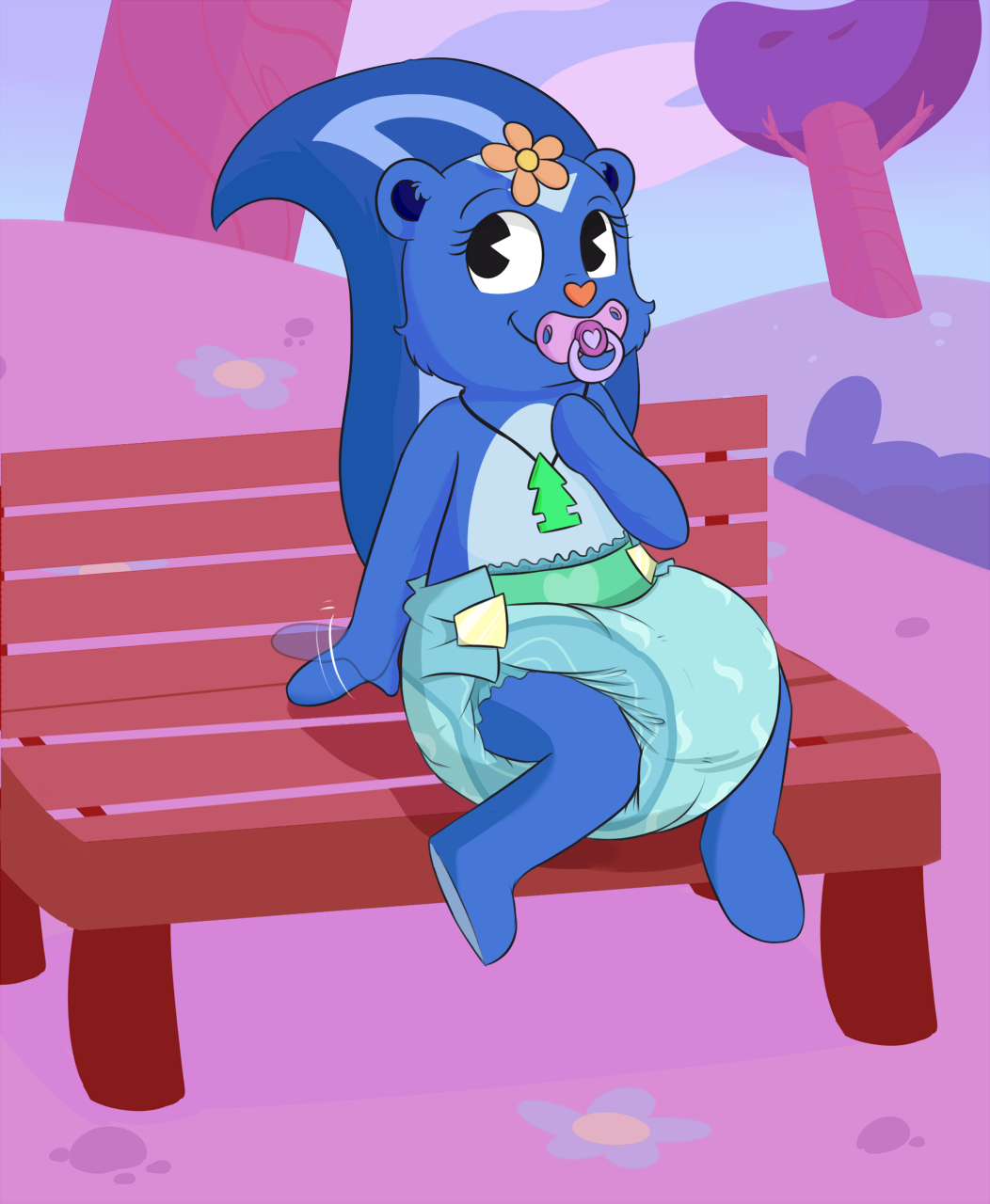 bench bunnykisses diaper female flower happy_tree_friends jewelry mammal necklace pacifier petunia_(htf) plant sitting skunk smile solo