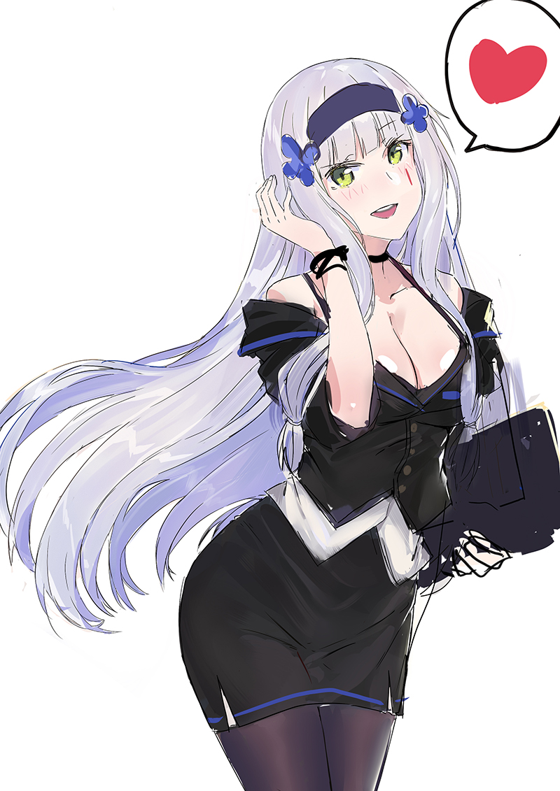 :d alternate_costume bare_shoulders black_choker black_hairband black_jacket black_legwear black_skirt blush breasts choker cleavage collarbone cowboy_shot echj eyebrows_visible_through_hair facial_mark folder girls_frontline green_eyes hairband hand_up heart hk416_(girls_frontline) jacket long_hair long_sleeves looking_at_viewer medium_breasts off_shoulder open_mouth pantyhose pencil_skirt pleated_skirt round_teeth sidelocks silver_hair simple_background sketch skirt sleeves_pushed_up smile solo speech_bubble spoken_heart standing teeth very_long_hair white_background wristband