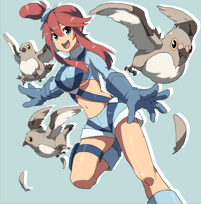 1girl :d blue_background blue_eyes blue_footwear blue_gloves breasts feathers fuuro_(pokemon) gloves guwatefu hair_ornament holster looking_at_viewer midriff navel open_mouth outline pidove pokemon pokemon_(creature) pokemon_(game) pokemon_bw red_hair shorts simple_background smile teeth thigh_holster underboob white_outline