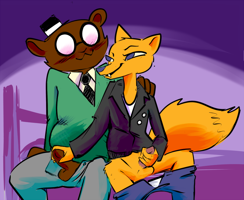 angus_(nitw) anthro bed blush canine clothed clothing cute duo eyewear fangs fedora fox glasses grabbing_dick gregg_(nitw) handjob hat imminent_sex inside jacket leather leather_jacket male male/male mammal necktie night_in_the_woods nontoxo pants penis sex sharp_teeth sitting sweater teeth top_hat under_shirt undershirt undressing
