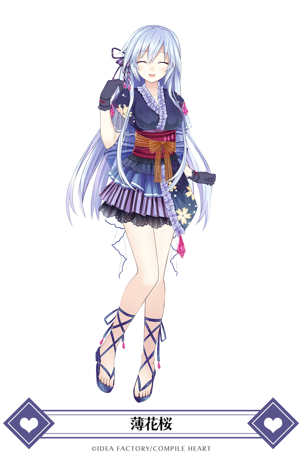 alternate_costume ankle_ribbon bangs black_gloves blue_bow blue_footwear blue_kimono blue_ribbon blue_skirt blush bow breasts closed_eyes colored_stripes company_name cross-laced_footwear eyebrows_visible_through_hair facing_viewer fairy_fencer_f feet floral_print flower frilled_kimono frills gem gloves hair_between_eyes hair_ribbon hand_up happy heart highres japanese_clothes kimono kimono_skirt layered_skirt legs_together lolita_fashion long_hair mainichi_compile_heart medium_breasts miniskirt multicolored multicolored_clothes multicolored_skirt obi official_art open_mouth orange_bow parted_bangs petticoat pink_ribbon pleated_skirt print_kimono purple_ribbon purple_sash purple_skirt ribbon sash see-through short_sleeves simple_background skirt smile solo standing star star_print straight_hair striped striped_bow striped_skirt tiara_(fairy_fencer_f) translated tsunako vertical-striped_skirt vertical_stripes wa_lolita white_background white_hair yukata