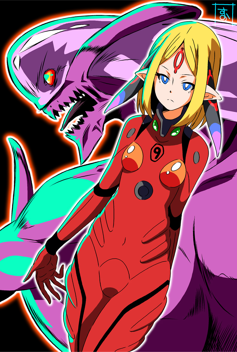 bangs blonde_hair blue_eyes bodysuit bright_pupils closed_mouth cosplay cowboy_shot eiria_liliemore facial_mark forehead_mark fusion kumika kumika_no_mikaku light_frown looking_at_viewer monster neon_genesis_evangelion outline parted_bangs pilot_suit plugsuit pointy_ears red_bodysuit s-now short_hair signature souryuu_asuka_langley souryuu_asuka_langley_(cosplay) standing white_outline