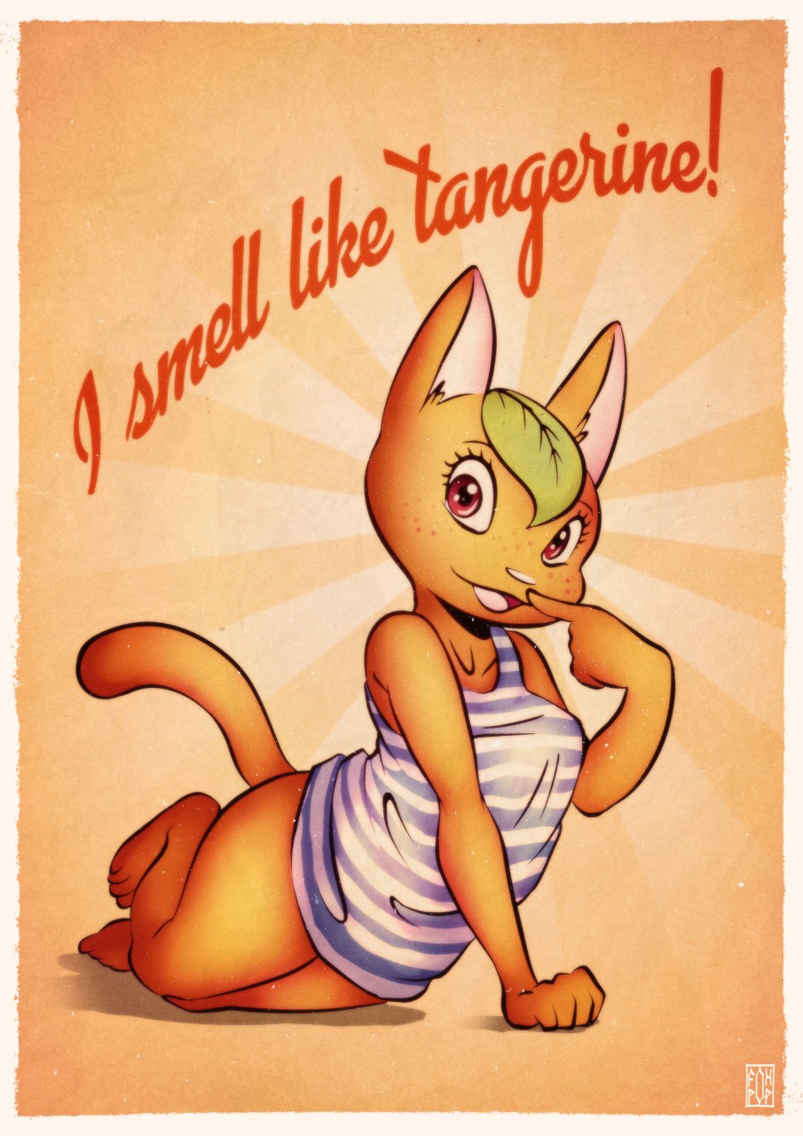 animal_crossing anthro bottomless breasts cat clothed clothing english_text feline female flora_fauna food food_creature fox-pop freckles fruit hair leaf looking_at_viewer mammal nintendo orange_(fruit) pinup plant pose red_eyes short_stack smile solo tangerine_(fruit) tangy_(animal_crossing) text thick_thighs video_games