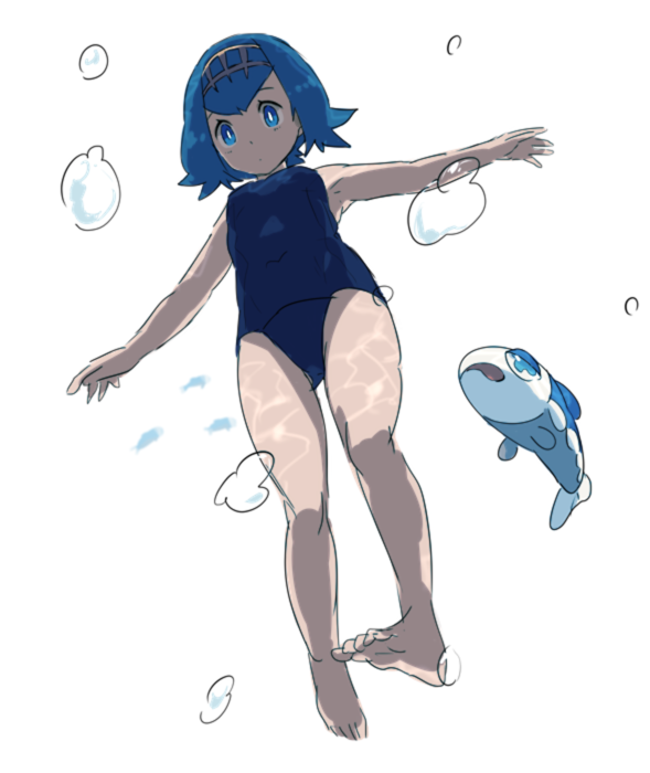 1girl air_bubble bare_legs barefoot blue_eyes blue_hair bubble covered_navel fish full_body guwatefu hairband looking_down one-piece_swimsuit open_mouth pokemon pokemon_(creature) pokemon_(game) pokemon_sm shirt short_hair simple_background sleeveless spread_arms suiren_(pokemon) swimsuit trial_captain underwater water white_background wishiwashi