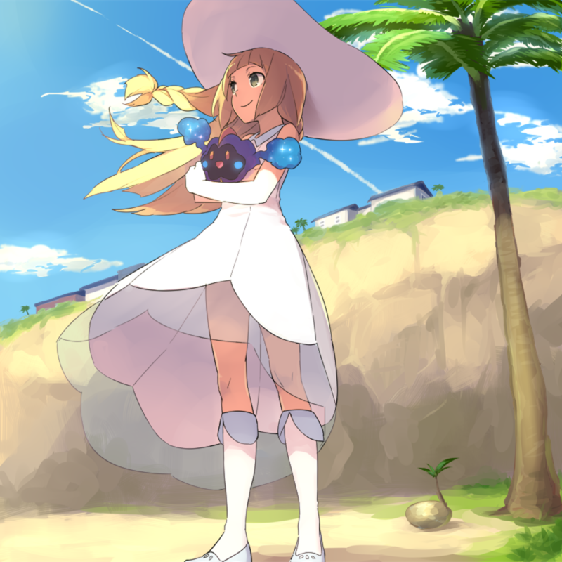 1girl bangs blonde_hair blue_legwear braid building carrying cliff closed_mouth cloud collared_dress condensation_trail cosmog dress green_eyes guwatefu hat house kneehighs lillie_(pokemon) long_hair looking_up open_mouth outdoors palm_tree pokemon pokemon_(creature) pokemon_(game) pokemon_sm see-through shoes sky sleeveless sleeveless_dress smile sparkle standing sun_hat sundress tree white_dress white_hat white_legwear yellow_eyes