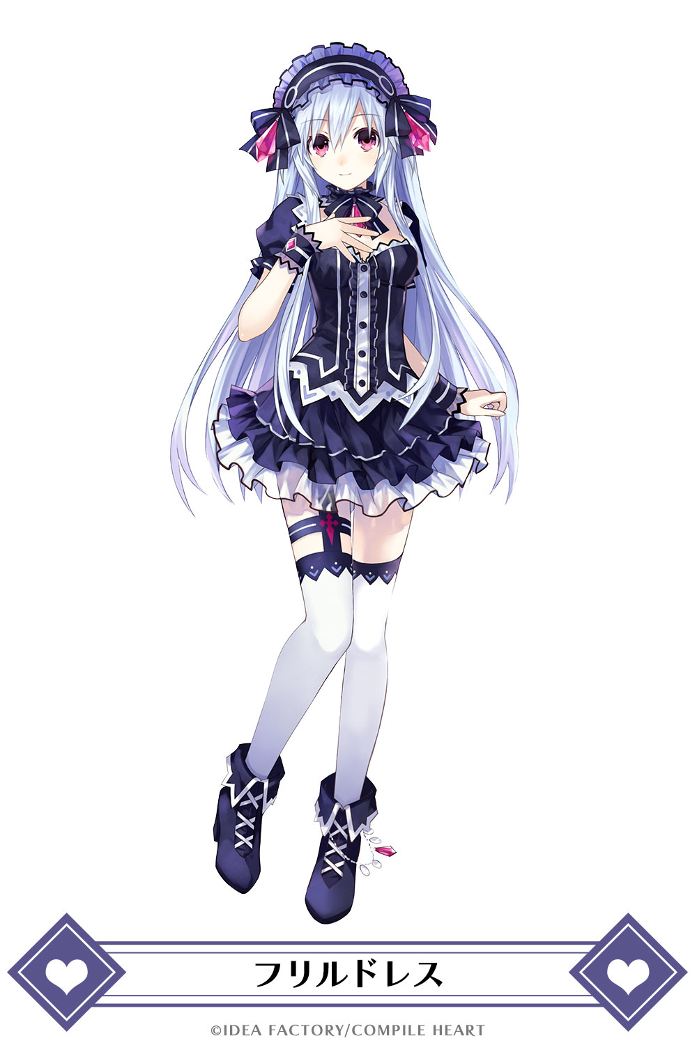 amethyst ankle_boots anklet arm_at_side bangs black_bow black_footwear black_hairband black_neckwear boots bow bowtie breasts buttons center_frills closed_mouth company_name cross-laced_footwear detached_collar dress eyebrows_visible_through_hair fairy_fencer_f frilled_dress frills full_body garter_straps gem gothic_lolita hair_between_eyes hairband hand_up heart high_heel_boots high_heels highres jewelry legs_together light_smile lolita_fashion lolita_hairband long_hair looking_at_viewer mainichi_compile_heart official_art parted_bangs pink_eyes puffy_short_sleeves puffy_sleeves see-through short_dress short_sleeves simple_background skirt small_breasts smile straight_hair thigh_strap thighhighs tiara_(fairy_fencer_f) translated tsunako very_long_hair white_background white_hair white_legwear wrist_cuffs
