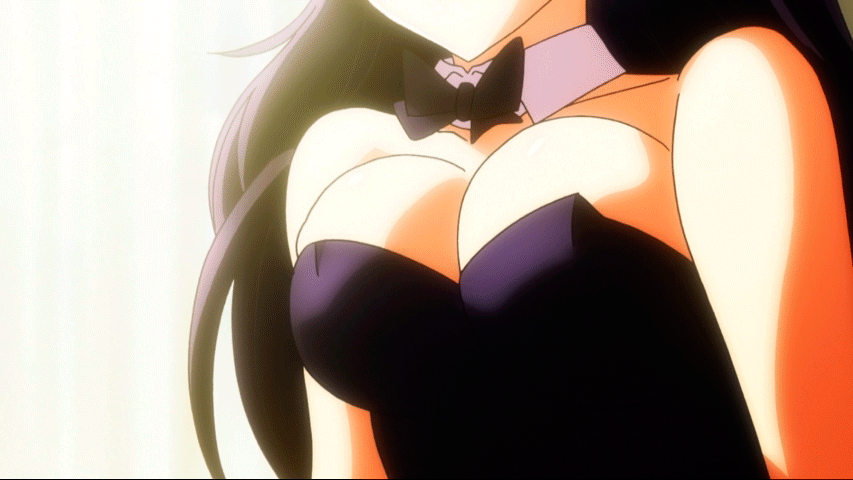 animated animated_gif bare_shoulders black_hair black_leotard bouncing_breasts bow bowtie breasts cleavage detached_collar grisaia_(series) grisaia_no_kajitsu head_out_of_frame leotard long_hair sakaki_yumiko sexually_suggestive solo strapless strapless_leotard