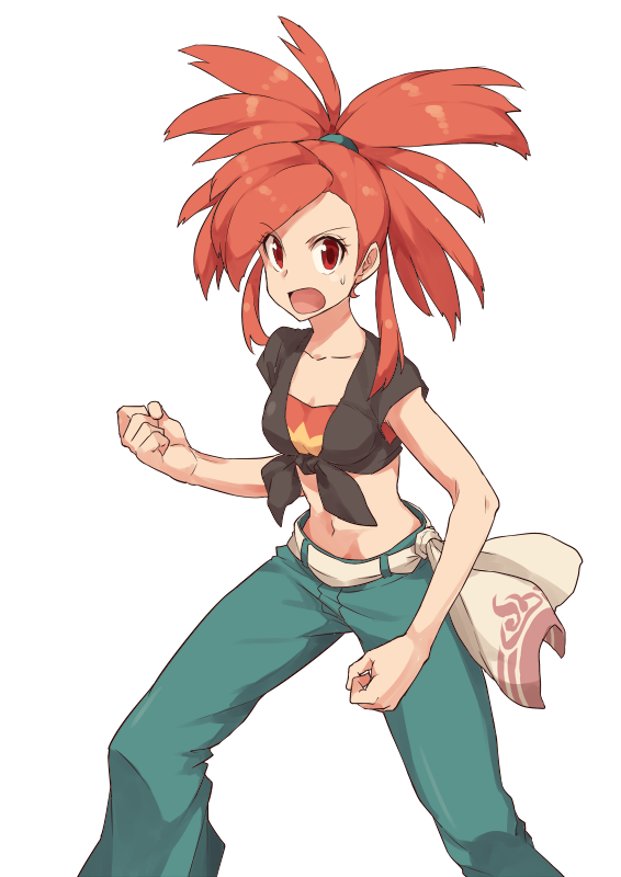 1girl asuna_(pokemon) clenched_hands crop_top denim guwatefu looking_at_viewer midriff navel open_mouth pants pokemon pokemon_(game) pokemon_oras ponytail red_eyes red_hair simple_background solo sweatdrop tied_shirt white_background
