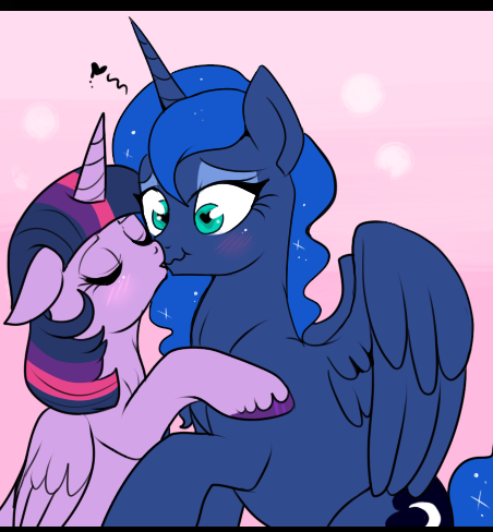 &lt;3 2014 blush cosmic_hair cute cutie_mark duo equine eyes_closed eyeshadow feathered_wings feathers female female/female friendship_is_magic hair horn hug kissing lulubell makeup mammal multicolored_hair my_little_pony pink_background princess_luna_(mlp) simple_background teal_eyes twilight_sparkle_(mlp) winged_unicorn wings