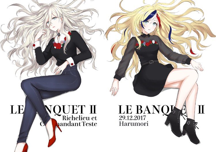 black_dress blonde_hair blouse blue_hair commandant_teste_(kantai_collection) commentary_request cross-laced_footwear denim dress hair_between_eyes high_heels jeans kantai_collection long_hair mole mole_under_eye morinaga_miki multicolored_hair multiple_girls pants red_hair richelieu_(kantai_collection) simple_background streaked_hair white_hair