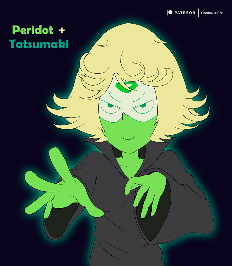 alien artist_name black_background black_shirt blonde_hair cartoon_network closed_mouth commentary commission english evil_smile foreshortening green_skin high_collar looking_at_viewer patreon_logo patreon_username peridot_(steven_universe) self_upload shadow2007x shirt simple_background smile steven_universe tatsumaki