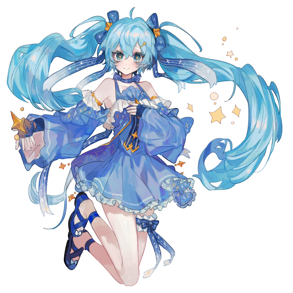 1girl bad_id bad_pixiv_id bangs bare_shoulders blue_dress blue_eyes blue_footwear blue_gloves blue_hair blue_ribbon blush closed_mouth detached_sleeves dress eyebrows_visible_through_hair full_body gloves hair_between_eyes hair_ornament hairclip hatsune_miku jumping leg_ribbon legband long_hair long_sleeves lunch_(lunchicken) no_socks ribbon simple_background smile solo twintails very_long_hair vocaloid white_background yellow_pupils yuki_miku