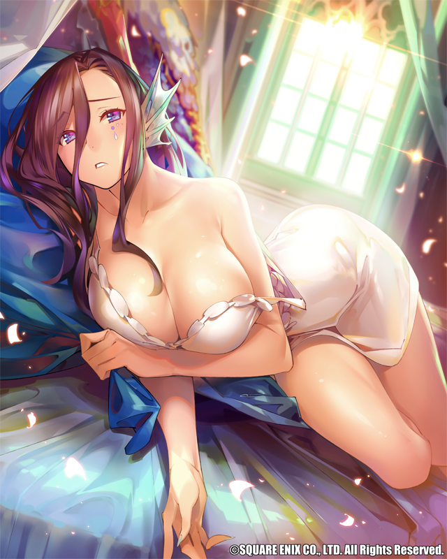 bare_arms bare_shoulders bed blush breasts brown_hair cleavage day dutch_angle eyebrows_visible_through_hair facial_mark hair_between_eyes indoors large_breasts lingerie long_hair looking_at_viewer lying official_art on_bed on_side parted_lips pillow pop_kyun purple_eyes solo underwear venus_rumble watermark window