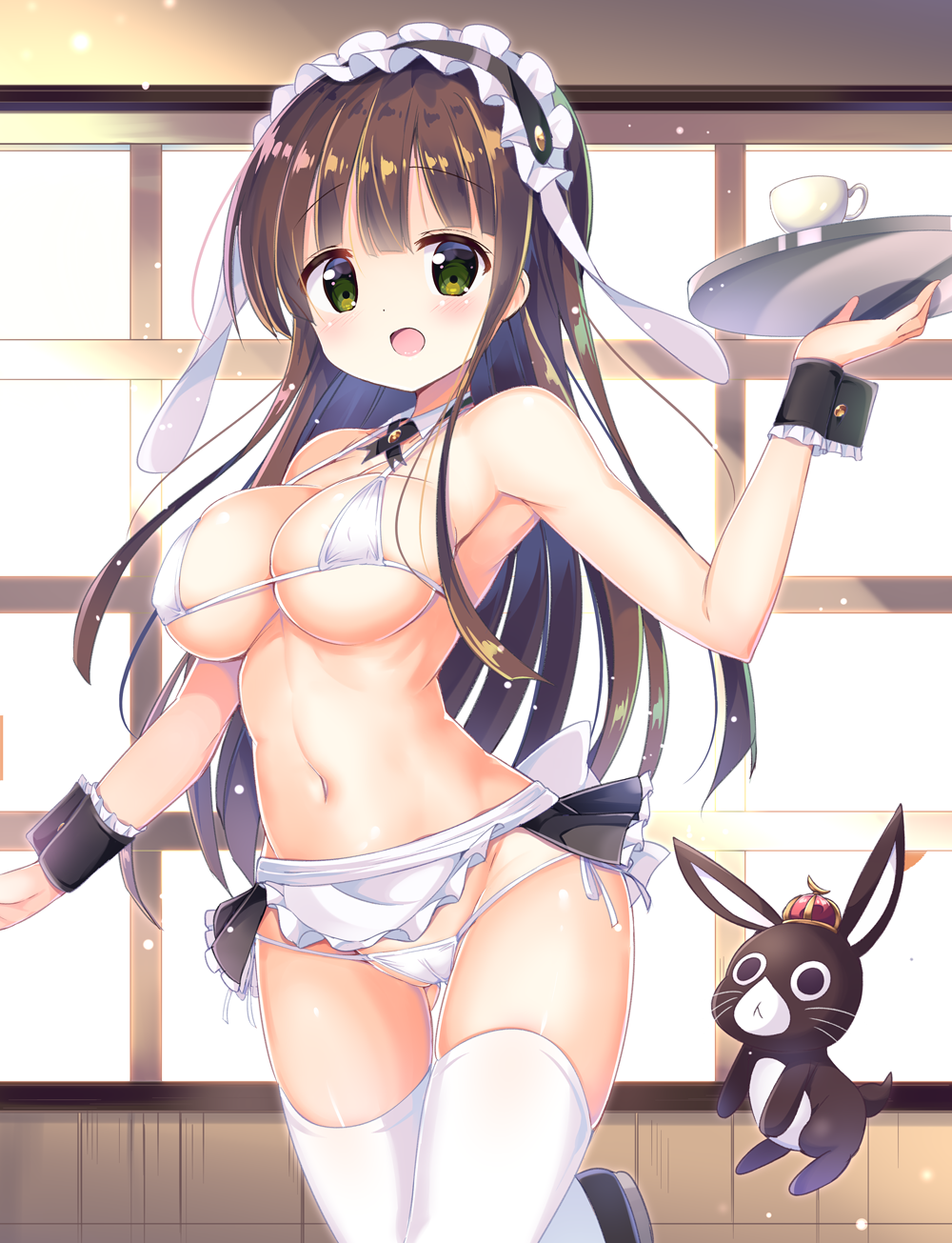 :d adapted_costume alternate_costume animal animal_ears anko_(gochiusa) apron armpits ass_visible_through_thighs bangs bikini black_legwear blunt_bangs blush bolo_tie breasts brown_hair bunny bunny_ears cameltoe commentary_request covered_nipples crown cup detached_collar eyebrows_visible_through_hair fake_animal_ears fleur_de_lapin_uniform floppy_ears frilled_cuffs gochuumon_wa_usagi_desu_ka? green_eyes groin highres holding holding_tray indoors kurou_(quadruple_zero) large_breasts long_hair looking_at_viewer maid_headdress micro_bikini mini_crown navel open_mouth showgirl_skirt side-tie_bikini smile solo standing standing_on_one_leg stomach swimsuit thighhighs tray ujimatsu_chiya waist_apron white_apron white_bikini white_legwear window wing_collar wrist_cuffs