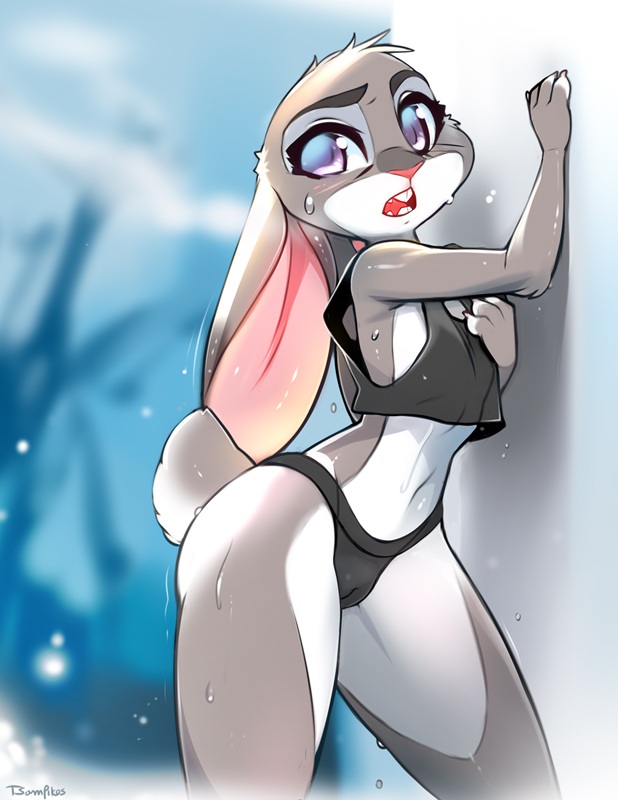 2016 anthro blush breasts buckteeth butt camel_toe clothed clothing disney female hi_res jogging judy_hopps lagomorph looking_at_viewer mammal open_mouth pink_nose purple_eyes rabbit shirt shorts side_boob simple_background snow solo sweat tank_top teeth tsampikos zootopia