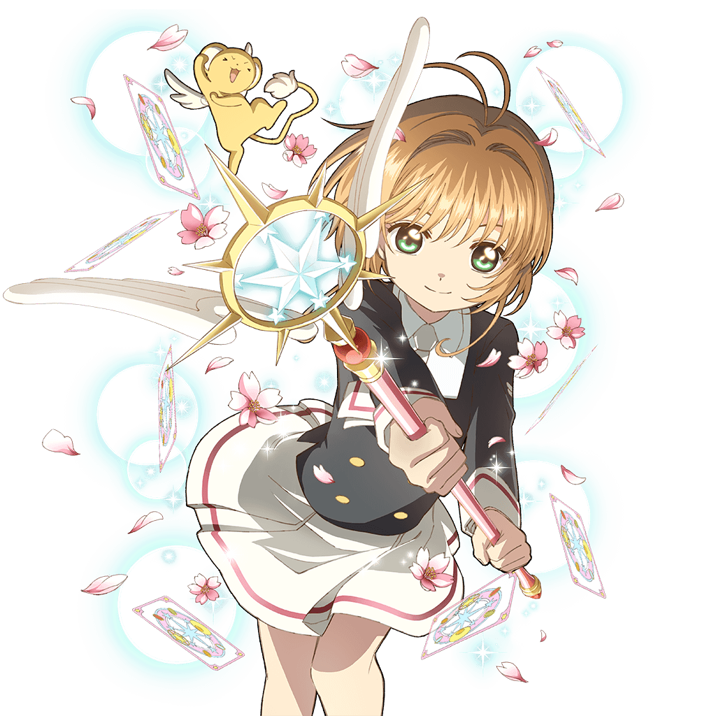 1girl ascot brown_hair card_(medium) card_captor_sakura flower green_eyes hair_intakes holding holding_wand kero kinomoto_sakura long_sleeves looking_at_viewer official_art petals school_uniform short_hair skirt smile solo sparkle transparent_background two-handed uchi_no_hime-sama_ga_ichiban_kawaii wand white_skirt