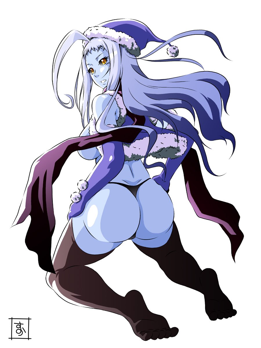 ahoge ass black_legwear black_panties black_sclera blue_gloves blue_hair blue_hat blue_skin breasts convenient_censoring dullahan elbow_gloves feet from_behind full_body gloves hat highres huge_ahoge kneeling lala_(monster_musume) large_breasts legs_apart long_hair looking_at_viewer looking_back monster_musume_no_iru_nichijou panties parted_lips pom_pom_(clothes) purple_scarf s-now santa_costume santa_hat scarf signature simple_background soles solo thighhighs thong underwear white_background