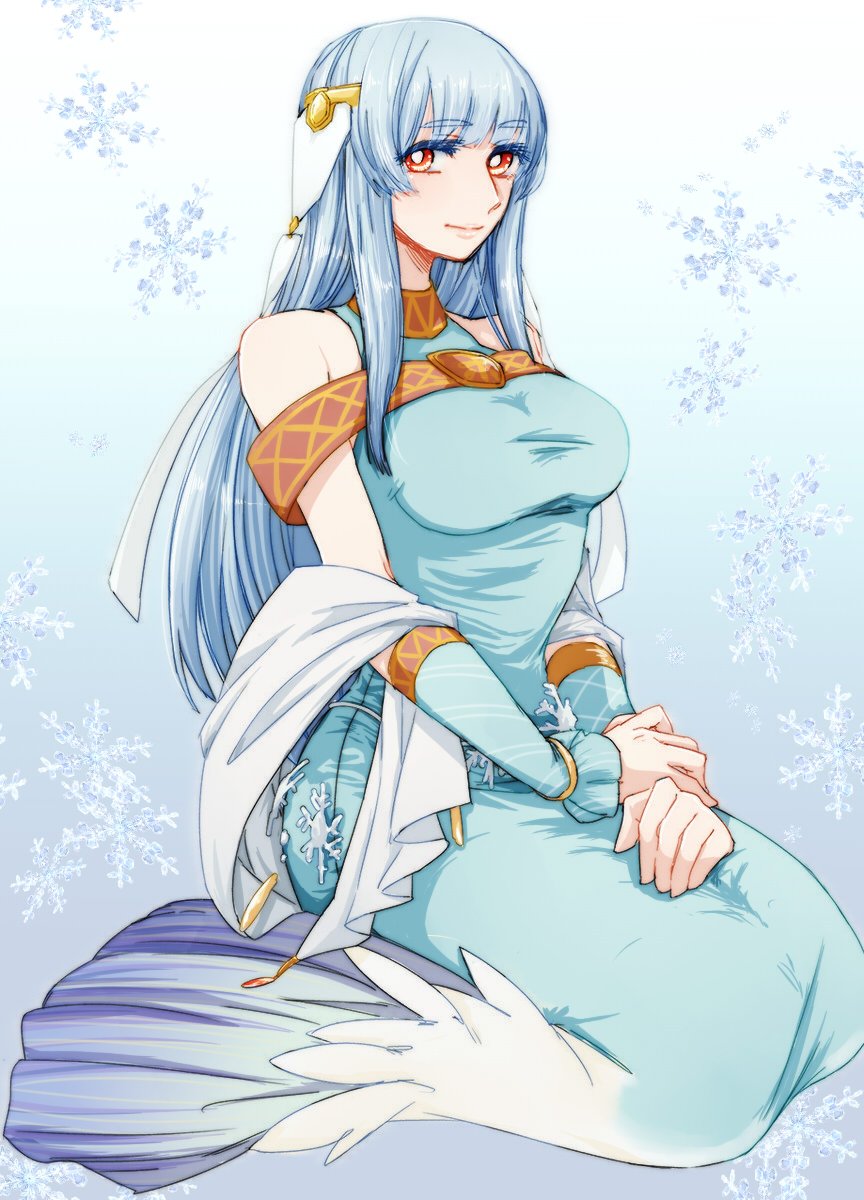 blue_dress blue_hair breasts dress eyebrows_visible_through_hair fire_emblem fire_emblem:_rekka_no_ken gradient gradient_background highres large_breasts long_hair looking_at_viewer mamkute ninian red_eyes smile snow snowflakes solo tnmrdgr