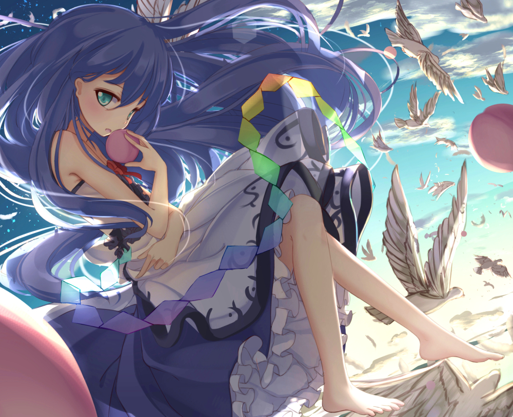 bare_arms bare_legs bare_shoulders barefoot bird blue_skirt blue_sky camisole cloud commentary_request day floating floating_hair food fruit full_body hinanawi_tenshi knees_up lens_flare long_hair looking_at_viewer namatyaba no_hat no_headwear peach skirt sky solo touhou very_long_hair