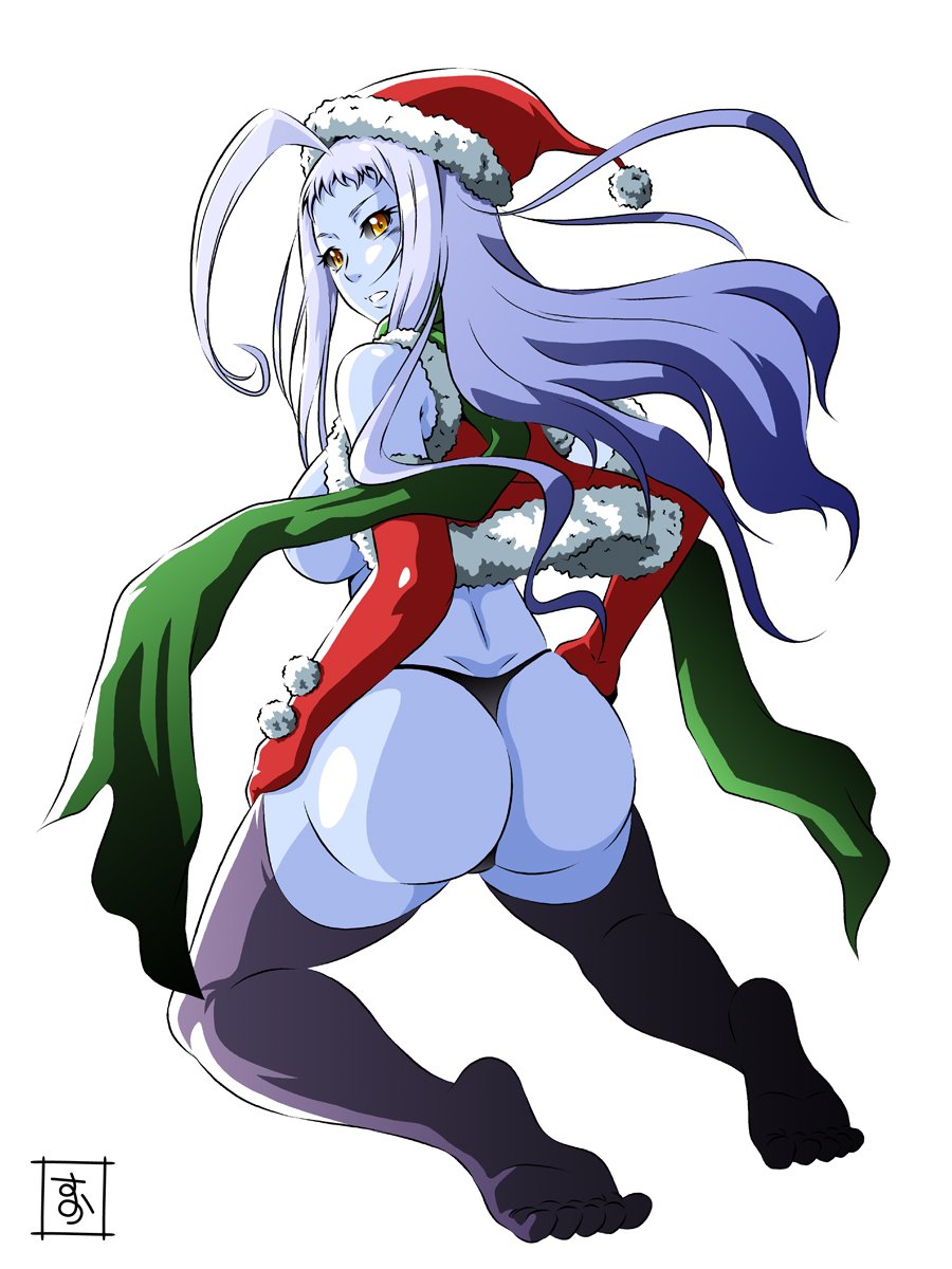 ahoge ass black_legwear black_panties black_sclera blue_hair blue_skin breasts convenient_censoring dullahan elbow_gloves feet from_behind full_body fur_trim gloves green_scarf hat highres huge_ahoge kneeling lala_(monster_musume) large_breasts legs_apart long_hair looking_at_viewer looking_back monster_musume_no_iru_nichijou panties parted_lips pom_pom_(clothes) red_gloves red_hat s-now santa_costume santa_hat scarf signature simple_background soles solo thighhighs thong underwear white_background