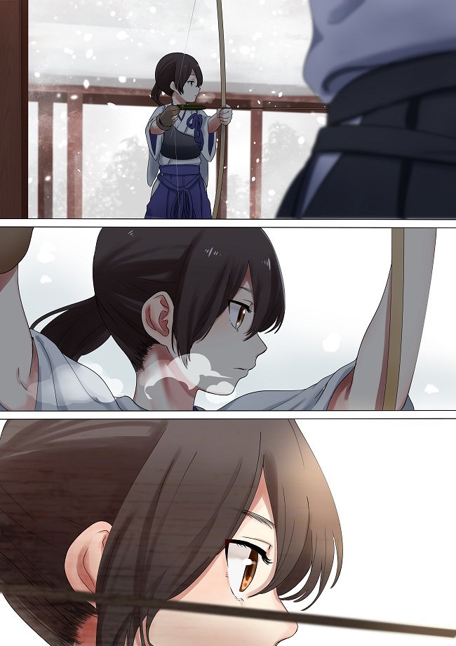 3koma aiming archery arms_up arrow bangs banned_artist blue_hakama bow_(weapon) breath brown_eyes brown_gloves brown_hair close-up closed_mouth comic expressionless face from_side gloves hakama holding holding_bow_(weapon) holding_weapon japanese_clothes kaga_(kantai_collection) kantai_collection kimono long_hair looking_to_the_side multiple_girls muneate partly_fingerless_gloves ponytail silent_comic single_glove snowing tachikoma_(mousou_teikoku) upper_body weapon white_kimono winter yugake