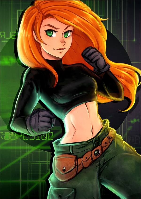 belt_pouch black_gloves breasts cargo_pants clenched_hands commentary crop_top disney fighting_stance gloves green_eyes iahfy kim_possible kimberly_ann_possible long_hair medium_breasts midriff orange_hair pants pouch solo toned