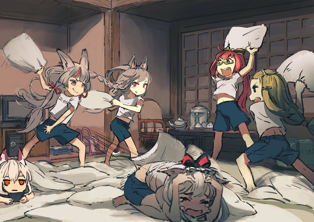 ahoge alternate_costume animal_ears ayanami_(azur_lane) azur_lane blonde_hair blue_shorts blush_stickers bow braid cellphone charles_ausburne_(azur_lane) closed_eyes commentary contemporary covering_head cowering crying fletcher_(azur_lane) futon glasses hair_bow hair_ornament hairclip hammann_(azur_lane) jitome kamikaze_(azur_lane) long_hair midriff multicolored_hair multiple_girls navel open_mouth phone pillow pillow_fight ponytail red_eyes red_hair rias-coast shirt shorts silver_hair smartphone streaked_hair tears throwing white_shirt yuudachi_(azur_lane)