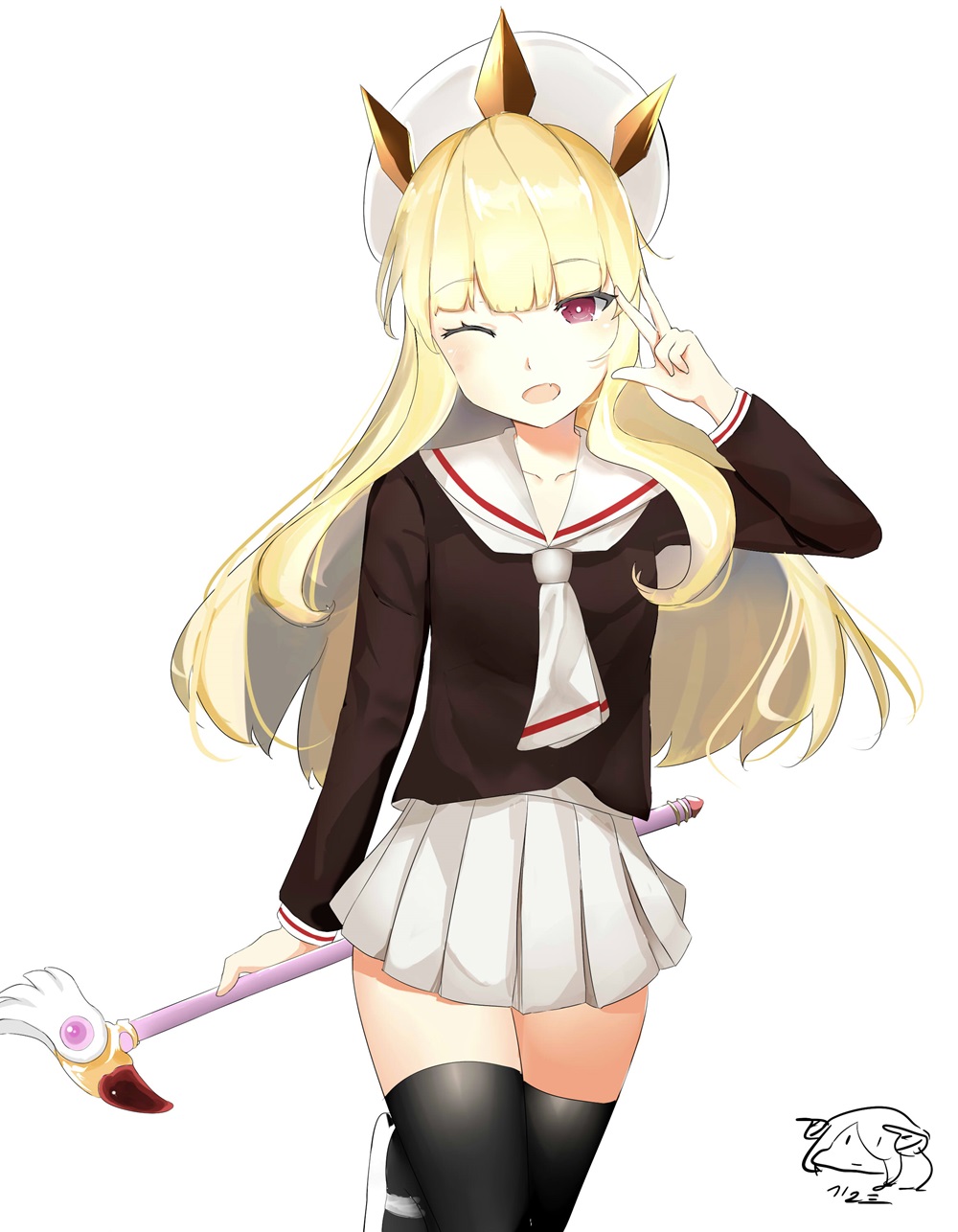 1girl bangs black_legwear black_shirt blonde_hair cagliostro_(granblue_fantasy) cardcaptor_sakura cosplay eyebrows_visible_through_hair fang fuuin_no_tsue granblue_fantasy hairband hat highres kinomoto_sakura kinomoto_sakura_(cosplay) long_hair long_sleeves looking_at_viewer magical_girl one_eye_closed open_mouth pleated_skirt purple_eyes sailor_collar school_uniform seiyuu_connection shirt skirt smile solo spiked_hairband spikes tange_sakura thighhighs tomoeda_elementary_school_uniform v_over_eye white_hat white_sailor_collar white_skirt zettai_ryouiki