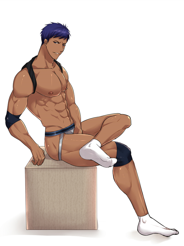 1boy abs aomine_daiki bara blue_hair cha_chi_(artist) kuroko_no_basuke looking_at_viewer male_focus muscle nipples no_background pecs smile socks spiked_hair tan underwear white_background