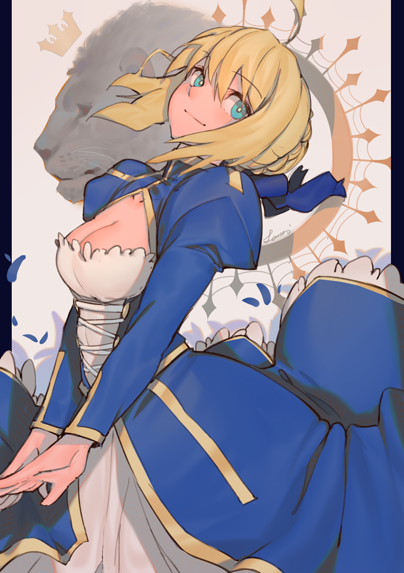 ahoge artoria_pendragon_(all) bangs blue_dress blue_eyes blue_ribbon breasts bright_pupils cleavage cleavage_cutout closed_mouth cowboy_shot crown dress eyebrows_visible_through_hair fate/stay_night fate_(series) from_side gradient gradient_background hair_between_eyes hair_ribbon juliet_sleeves lanzi_(415460661) lion long_sleeves looking_at_viewer looking_to_the_side medium_breasts petals pillarboxed puffy_sleeves ribbon saber sidelocks signature smile standing v_arms