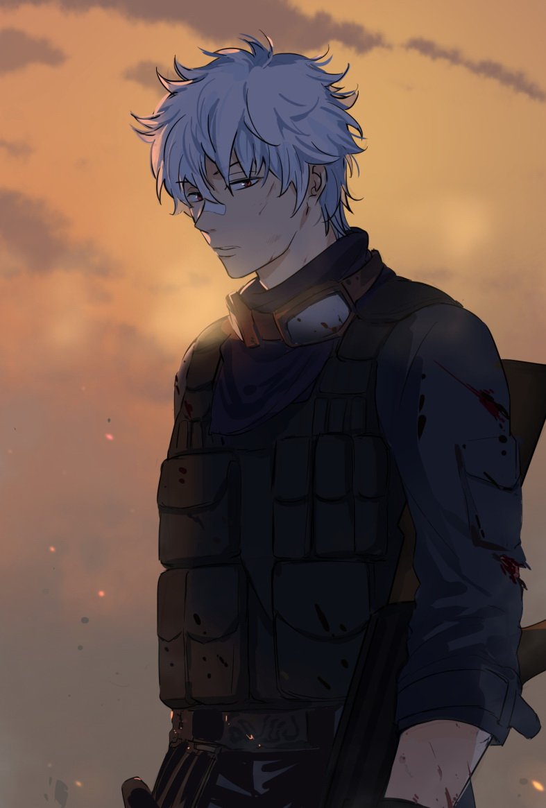 blood bloody_clothes gintama gun hair_between_eyes holding holding_gun holding_weapon loli_bushi looking_at_viewer male_focus military military_uniform parted_lips red_eyes rifle sakata_gintoki silver_hair solo standing torn_clothes uniform upper_body weapon