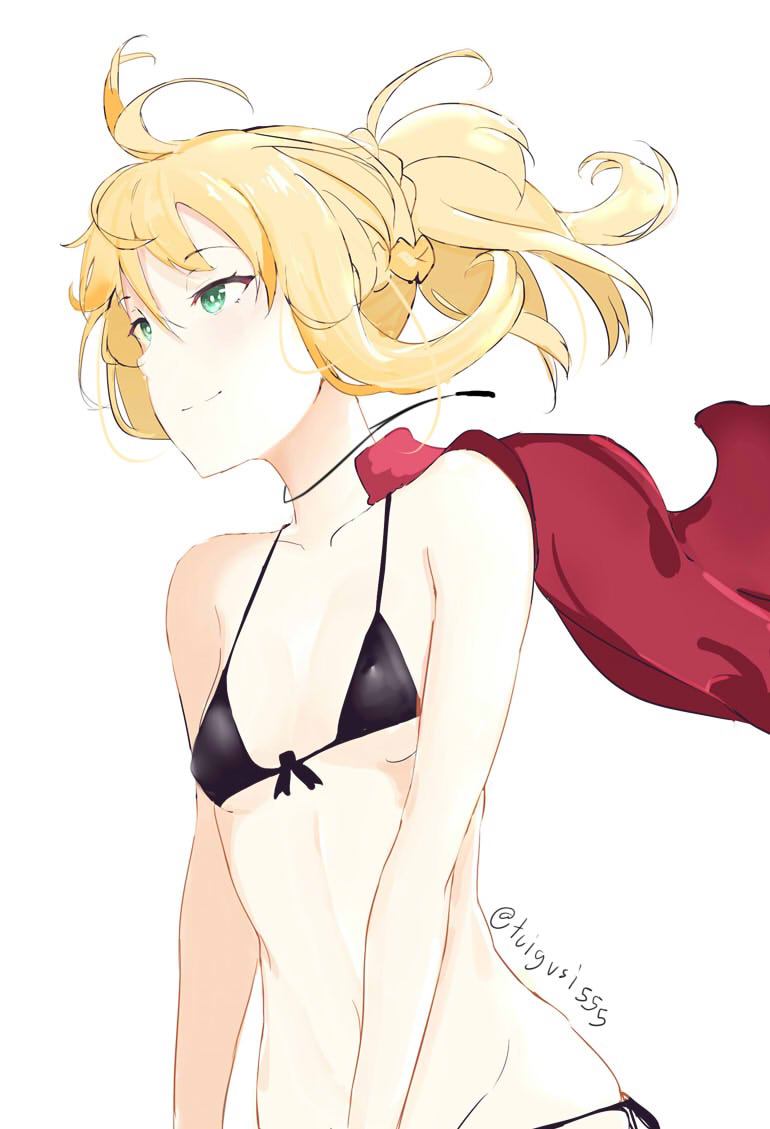 1girl bikini black_bikini blonde_hair breasts eyebrows_visible_through_hair fate/apocrypha fate/grand_order fate_(series) front-tie_bikini front-tie_top green_eyes hair_between_eyes jewelry long_hair micro_bikini mordred_(fate) mordred_(fate)_(all) navel necklace ponytail side-tie_bikini simple_background small_breasts smile solo swimsuit twitter_username upper_body wind