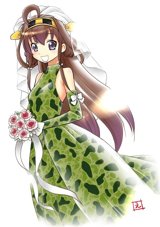:d ahoge bouquet bride brown_hair camouflage camouflage_dress dress ebifly elbow_gloves eyebrows_visible_through_hair flower gloves green_dress green_gloves hairband headgear holding holding_bouquet kantai_collection kongou_(kantai_collection) long_hair looking_at_viewer open_mouth pink_flower pink_rose purple_eyes rose signature simple_background smile solo standing very_long_hair wedding_dress white_background