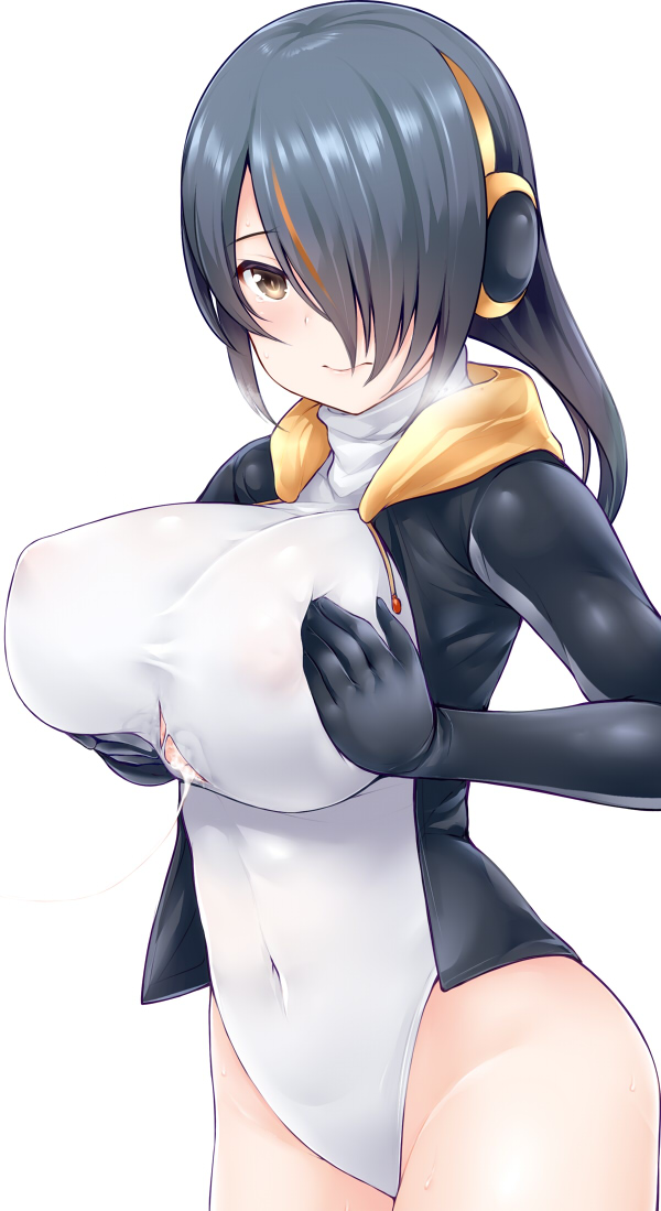 3: after_paizuri bangs black_hair black_jacket blush breast_squeeze breasts brown_eyes closed_mouth commentary_request covered_navel cowboy_shot cum cum_on_body cum_on_breasts cum_on_upper_body cum_string emperor_penguin_(kemono_friends) hair_over_one_eye headphones heavy_breathing highleg highleg_leotard highlights hips hood hoodie jacket kemono_friends large_breasts leotard long_hair looking_at_viewer multicolored_hair open_clothes open_hoodie simple_background solo streaked_hair torn_clothes turtleneck uni8 white_background white_leotard yellow_eyes