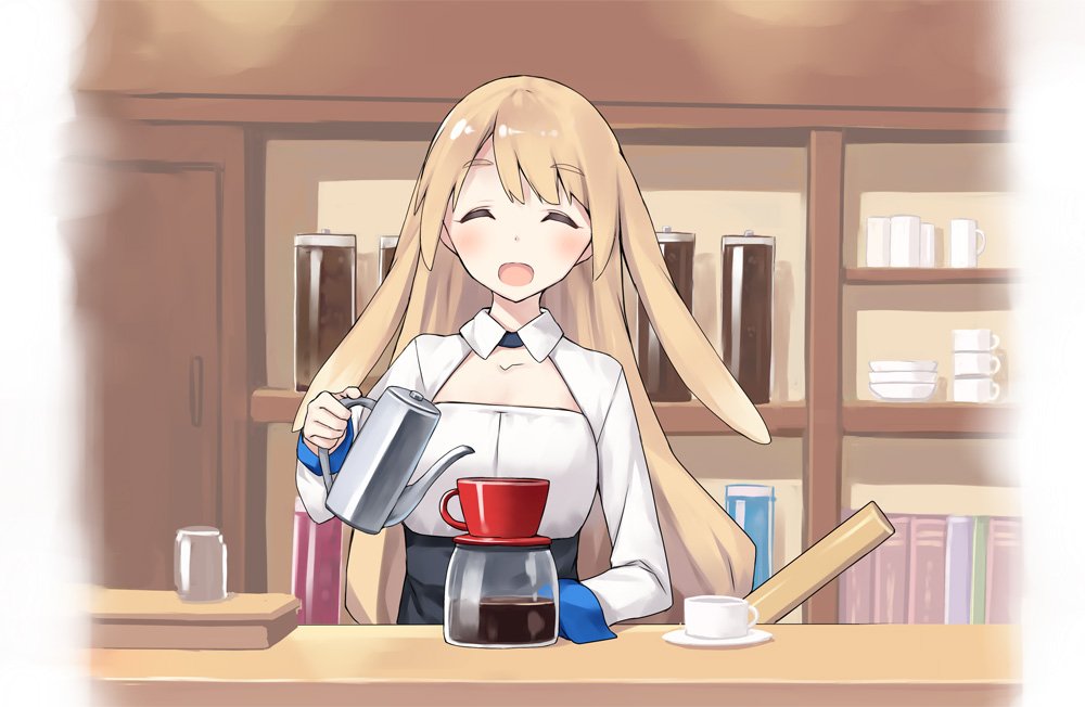^_^ animal_ears bangs book bunny_ears cafe closed_eyes coffee commentary counter cup extra_ears eyebrows_visible_through_hair light_brown_hair long_hair long_sleeves open_mouth original poco_(asahi_age) pouring shelf smile solo wing_collar