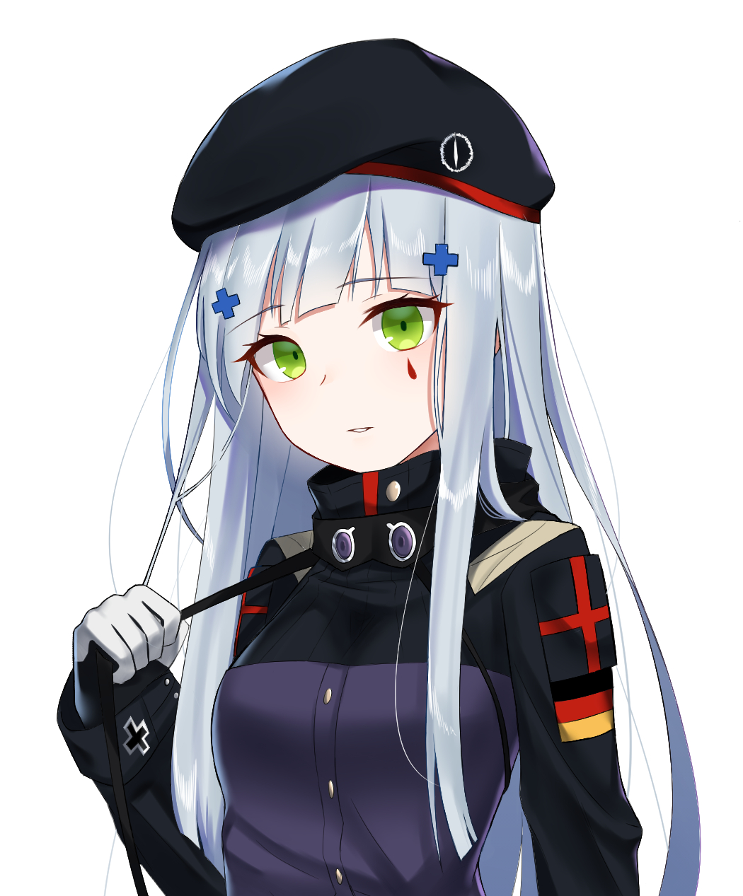 beret blue_hair commentary eyebrows_visible_through_hair eyes_visible_through_hair german_flag girls_frontline gloves green_eyes hair_ornament hat highres hk416_(girls_frontline) holding_strap iron_cross jacket kuki_panda_(wkdwnsgk13) long_hair long_sleeves looking_at_viewer military military_uniform parted_lips pleated_skirt sidelocks skirt sleeve_cuffs smile solo strap teardrop uniform white_background