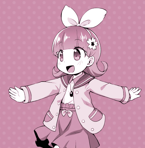 :d bangs blush collared_shirt comiket_88 commentary_request cowboy_shot eyebrows_visible_through_hair flower hair_flower hair_ornament hair_ribbon high-waist_skirt jacket jewelpet_(series) jewelpet_magical_change jewelry long_hair long_sleeves looking_away monochrome open_clothes open_jacket open_mouth outstretched_arms pendant polka_dot polka_dot_background ribbon ruby_(jewelpet) sakurabe_notosu sepia shirt skirt smile solo tareme walking