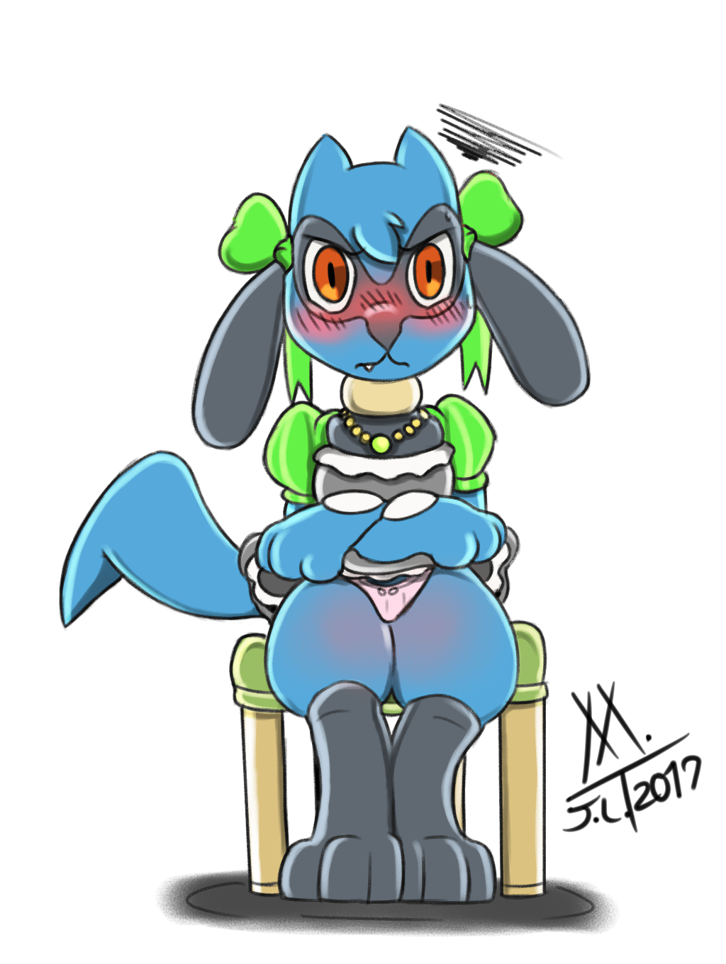 angry blush body_blush camel_toe clothed clothing dress female jewelry meatboom necklace nintendo panties panty_flash pok&eacute;mon pok&eacute;mon_(species) pulling_skirt riolu sitting skirt small_bows solo stool sweat underwear video_games young