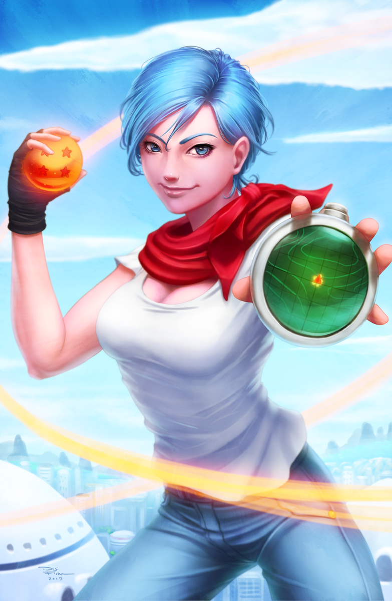 blue_eyes blue_hair bulma day denim dragon_ball dragon_ball_(object) dragon_ball_z fingerless_gloves gloves highres jeans karn_kirk_ratanasin looking_at_viewer outstretched_arm pants scarf short_hair single_glove solo